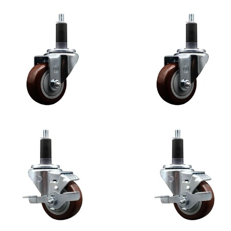 Service Caster 3'' SS Maroon Poly Wheel Swivel 1-1/8'' Expanding Stem Caster Set 2 Brakes, 4PK SCC-SSEX20S314-PPUB-MRN-2-TLB-2-118